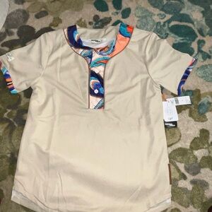 NWT Original Fables Cream Henley Shirt Printed Collar Streetwear Men's Small